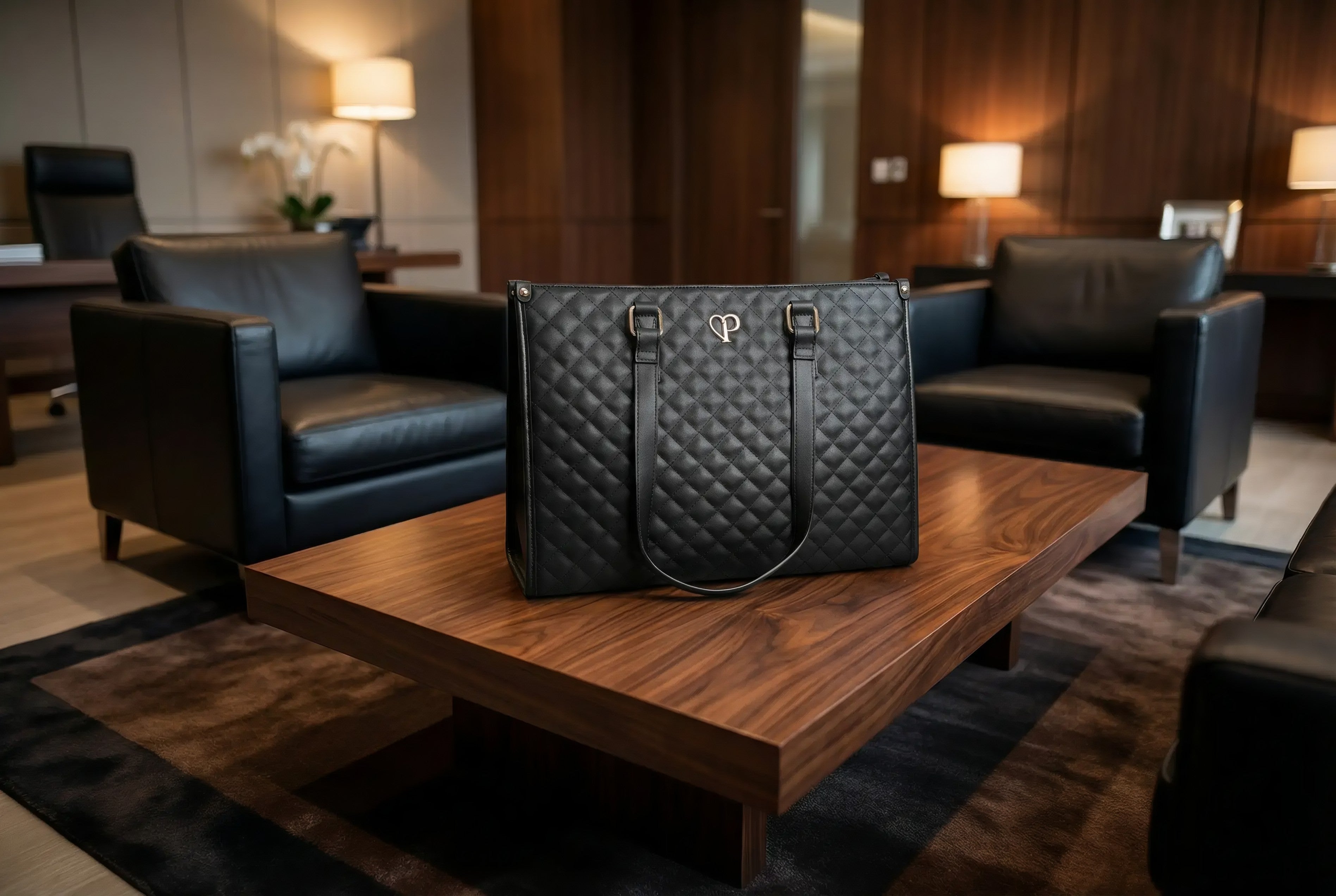 Mujer profesional caminando en la ciudad con bolso Philippa organizado y ligero.